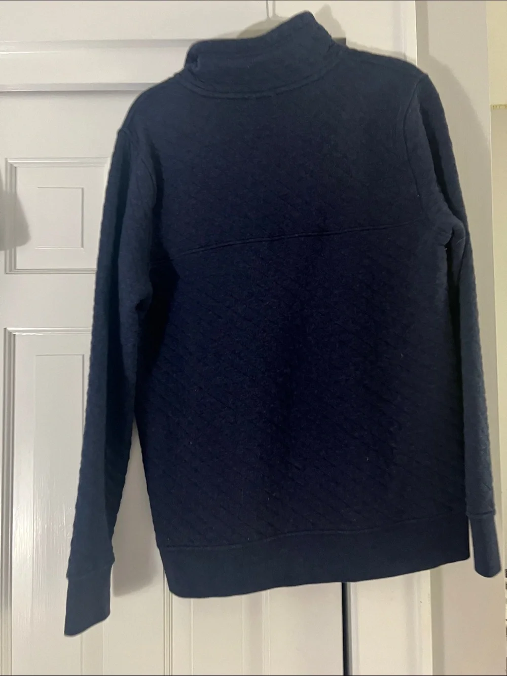 Patagonia Men’s Navy Quilted Crewneck Pullover with Magenta Accents